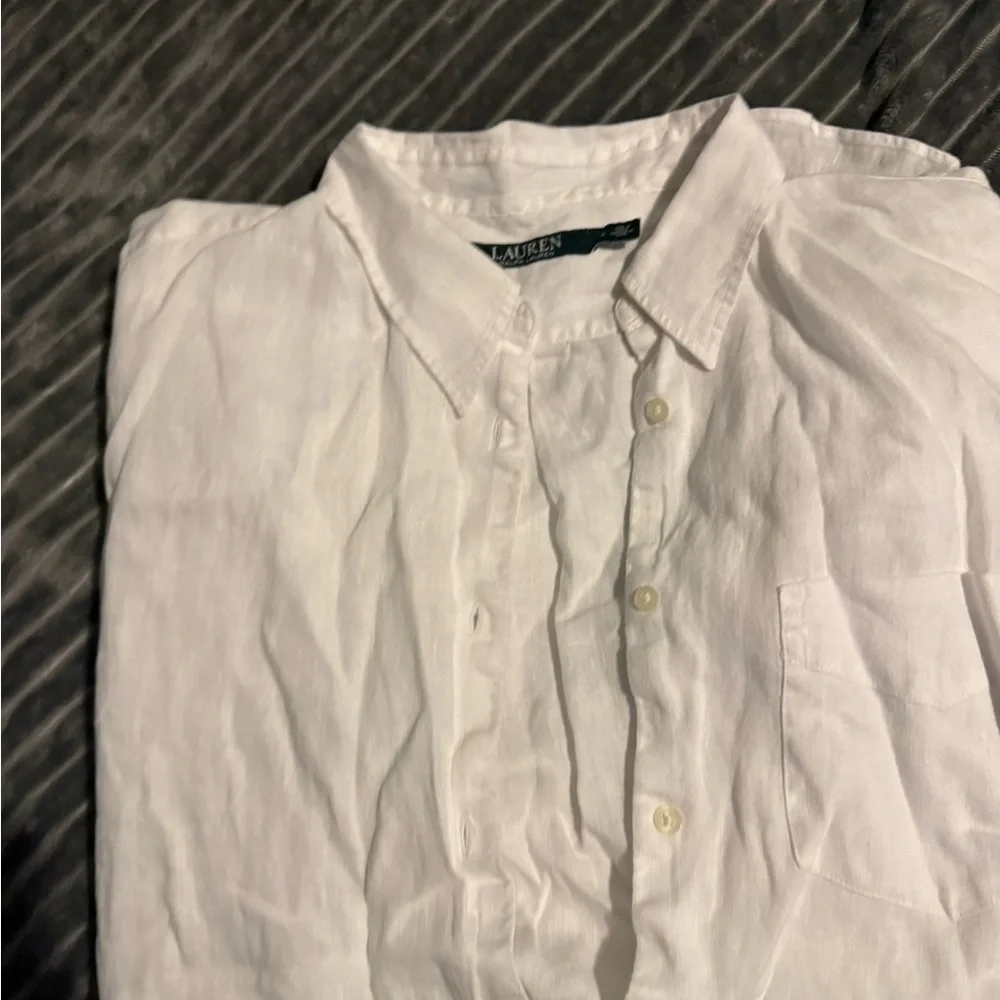 Ralph Lauren White Linen Button‑Down Shirt with Dark Green Label - Picture 3 of 4